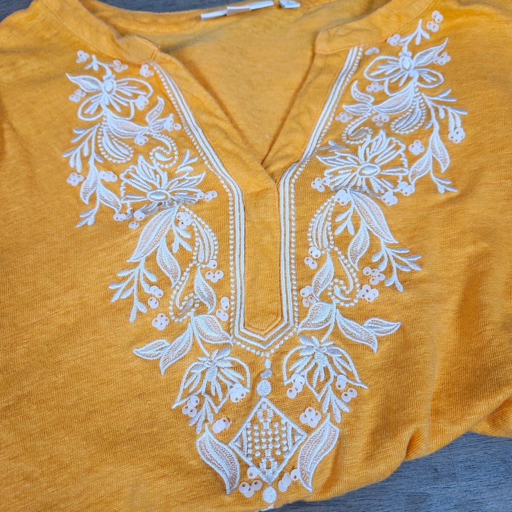 Chico's Women XL Linen Tunic Top Floral Embroidered Sequin 3/4 Sleeve Orange - Picture 3 of 10